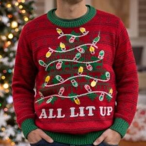 Ugly Christmas Sweater Mens Medium Red Holiday Tree All Lit‎ Up Pullover